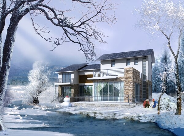 別墅雪景廣告效果圖圖片