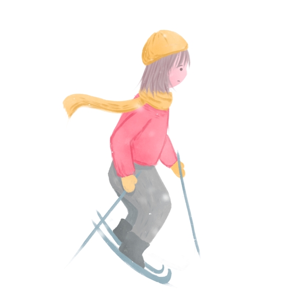 大雪中滑雪的女孩插画手绘元素