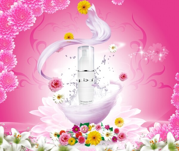 粉色背景花朵化妆品海报