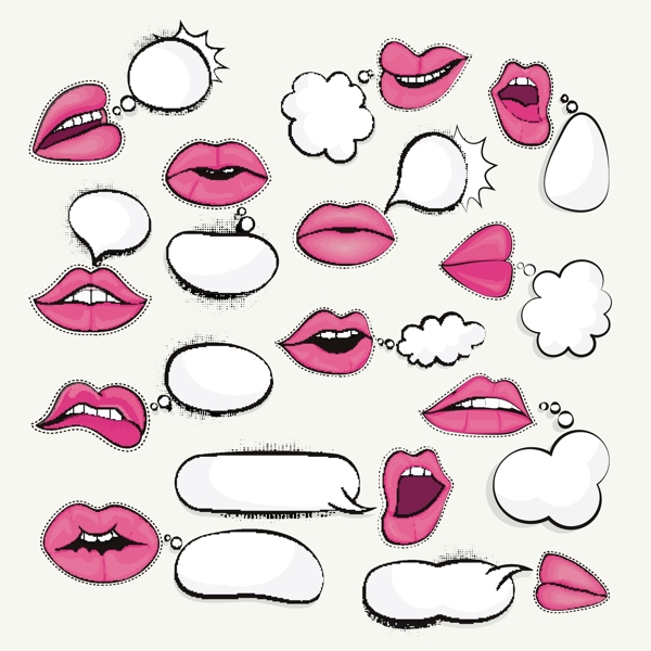 空洞的言语泡沫收集粉红色的嘴唇卡通波普艺术设计