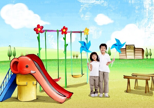 卡通背景举着纸风车的小男孩小女孩