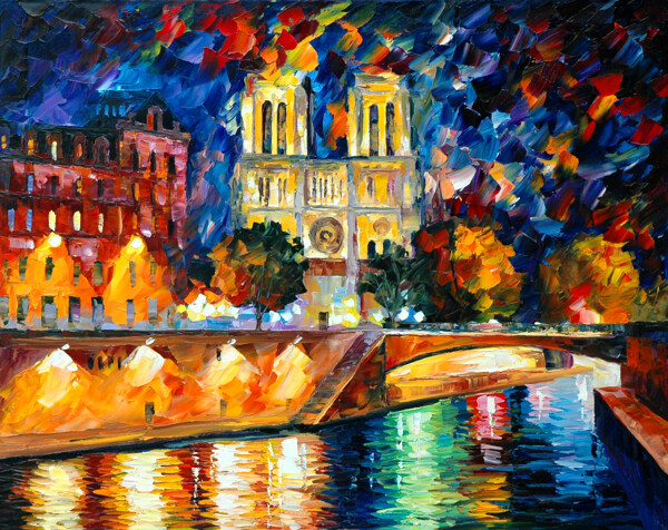 油画巴黎夜景图片