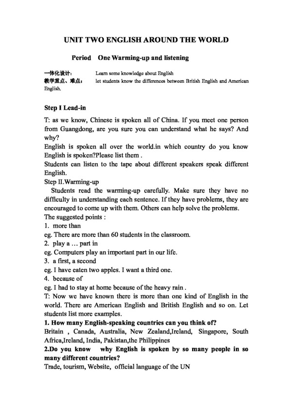 英語人教版Unit2EnglishAroundtheWorldWarmingUplisteningandspeaking