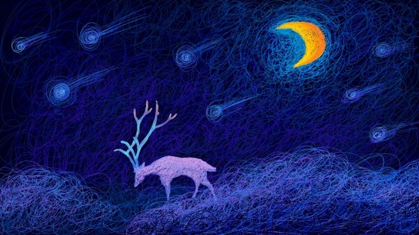 治愈原创线圈插画梦幻场景流星雨月亮下的鹿