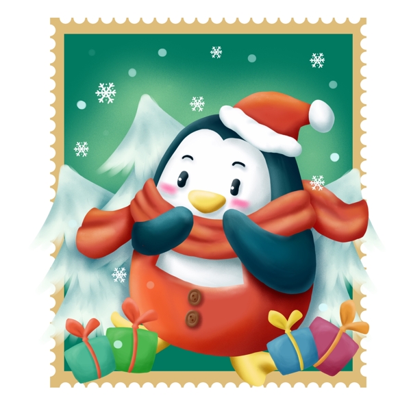 手绘庆祝圣诞邮票企鹅卡通可爱高兴商用元素