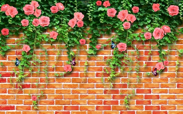 红砖花卉绿叶走廊背景绿植装饰