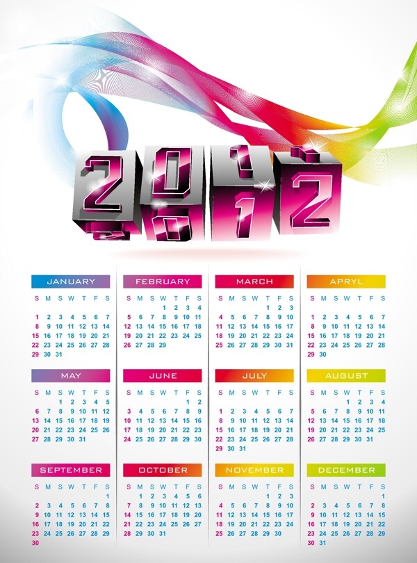 2012翻转方块字体日历矢量图