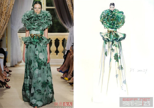绿色长裙设计与实物对比图