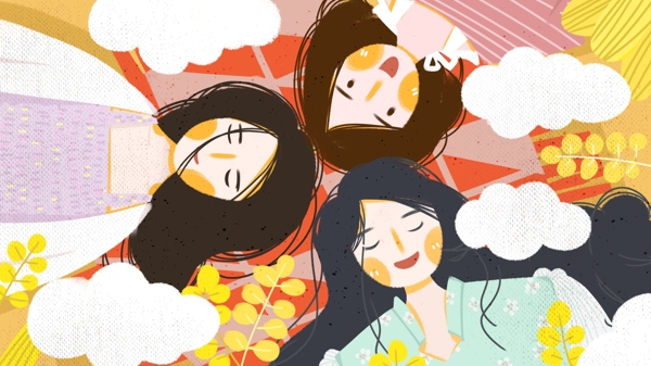 黄色扁平风秋天你好三个女孩躺在草地上插画