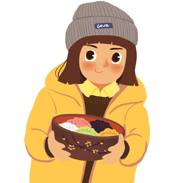 彩绘冬至捧着一碗饺子的女孩