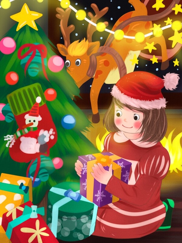 圣诞节圣诞树下挑礼物的女孩和窗口的驯鹿