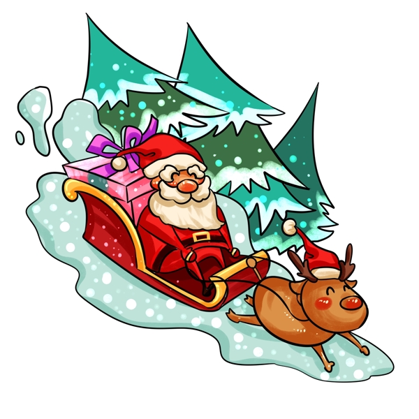 圣诞节圣诞老人送礼物雪橇车手绘插画
