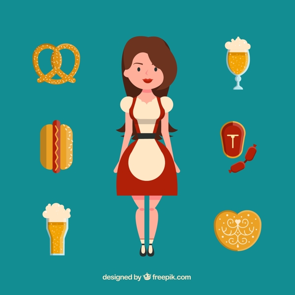 美丽啤酒节女郎和6款食物矢量图
