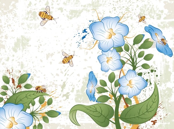 印花矢量图色彩绿色蓝色蜜蜂免费素材