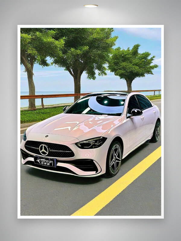 時尚粉色車輛奔馳插畫道路風(fēng)景藍(lán)天白云海報