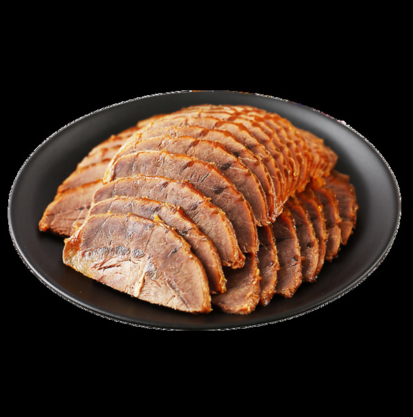 一盤碼放整齊的薄切五香鹵牛肉片