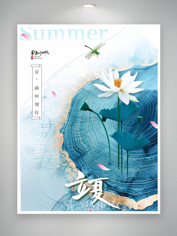 國潮水墨荷葉背景白色荷花蜻蜓立夏海報