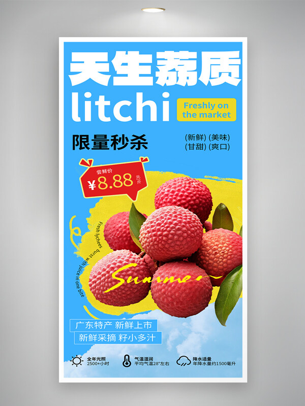 藍(lán)色背景彌散創(chuàng)意水果荔枝促銷海報(bào)