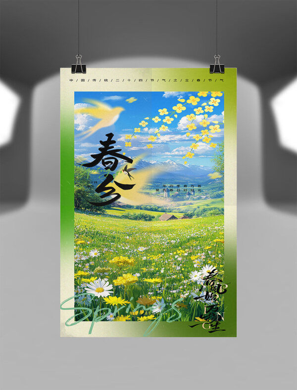 清新簡(jiǎn)約美麗山景春分節(jié)氣海報(bào)