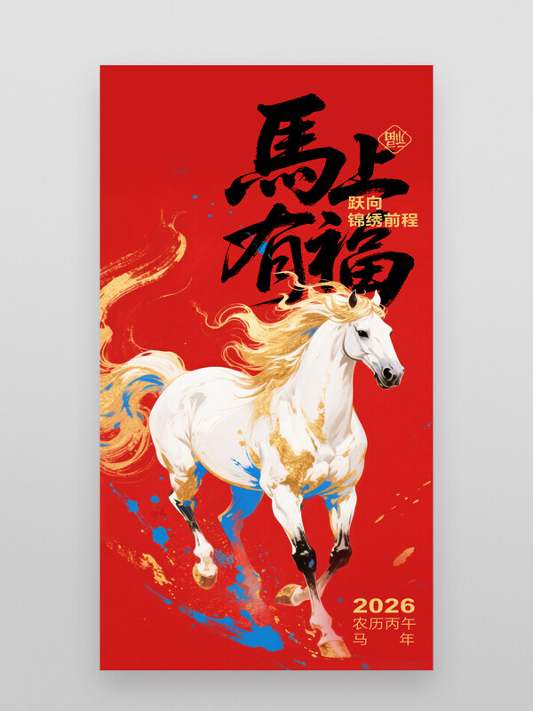 紅色背景創(chuàng)意手繪白馬插畫馬上有福迎新年節(jié)日海報