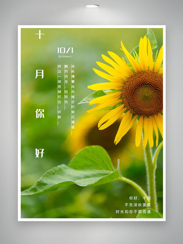 綠色主題深秋美景向日葵插畫(huà)十月你好海報(bào)