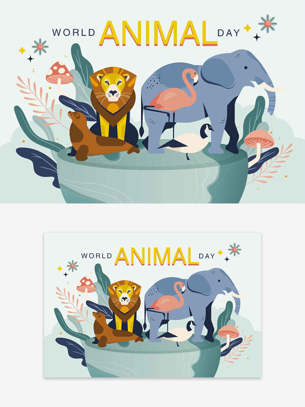 清新簡約世界動物日主題可愛卡通獅子大象火烈鳥插畫