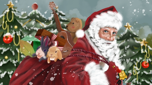 圣诞节写实圣诞老人圣诞树铃铛礼物冬雪节日