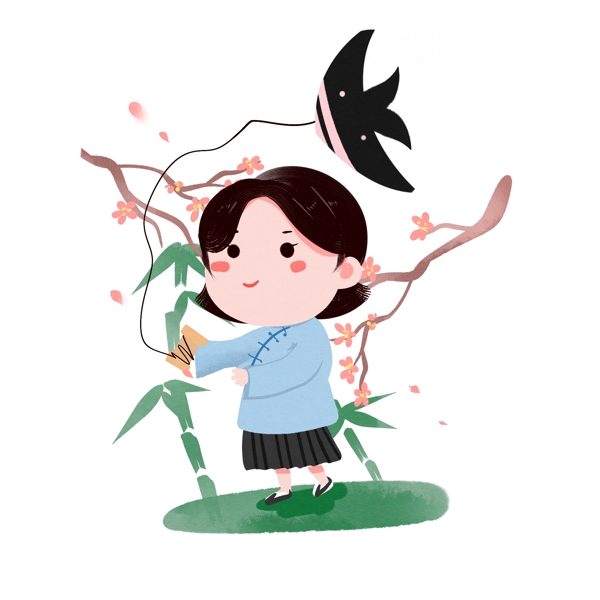 春天春游草地風(fēng)箏女孩學(xué)生卡通插畫