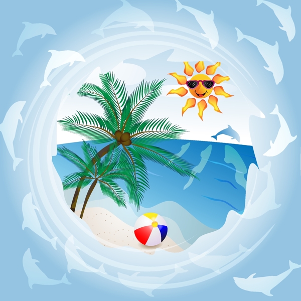 夏日度假海洋椰子树场景矢量素材下载