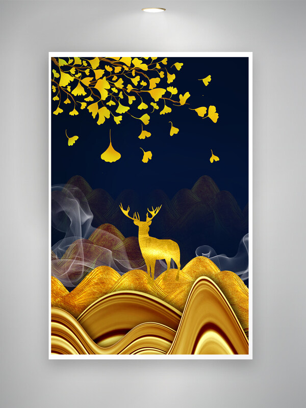 新中式金色麋鹿抽象水墨线条山水玄关装饰画
