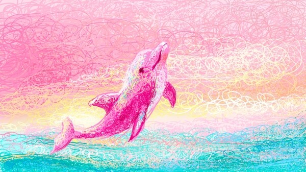 线圈画粉色鲸与海