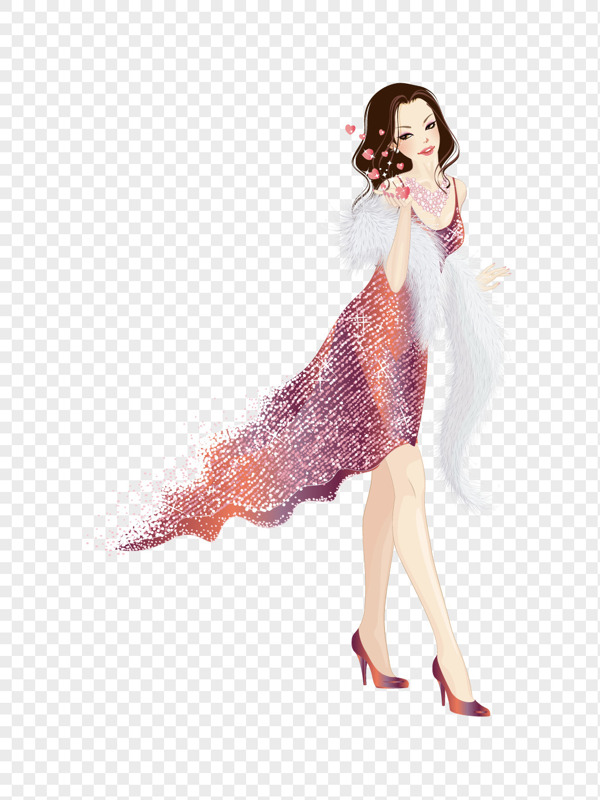 卡通粉紫闪亮砖石连衣裙美女矢量图