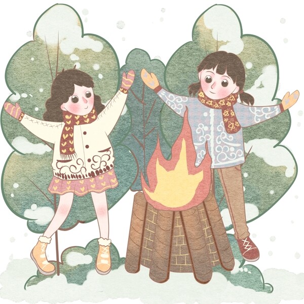 下雪二人雪中篝火欢庆