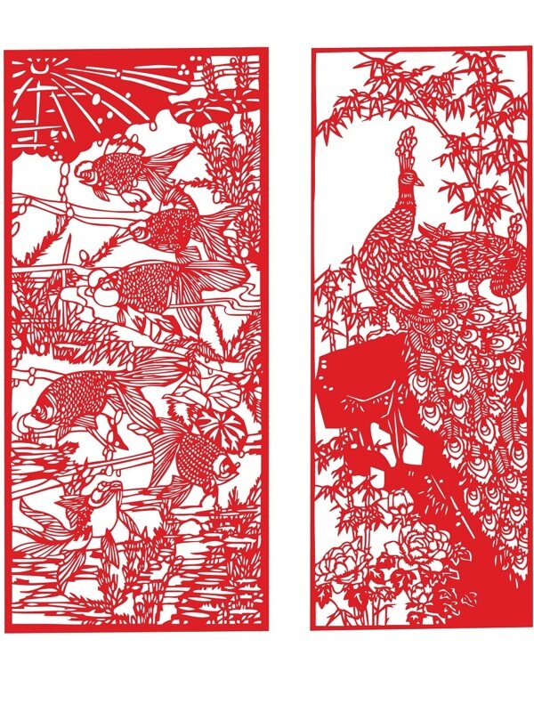 中国传统剪纸窗花金鱼和孔雀