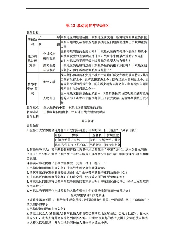 九年級(jí)下冊(cè)歷史第13課動(dòng)蕩的中東地區(qū)教案