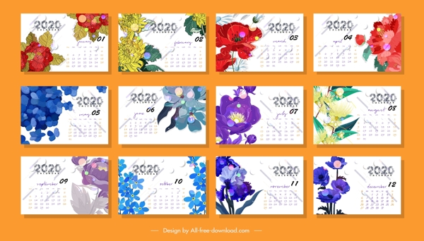 2020年花卉月历卡片矢量素材