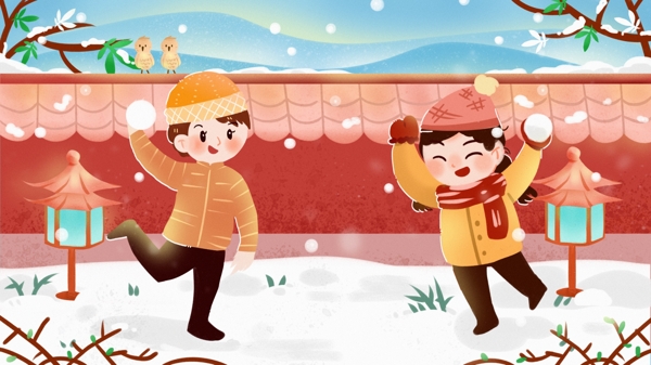 打雪仗冬季寒流下雪冬至红墙小朋友过年假期