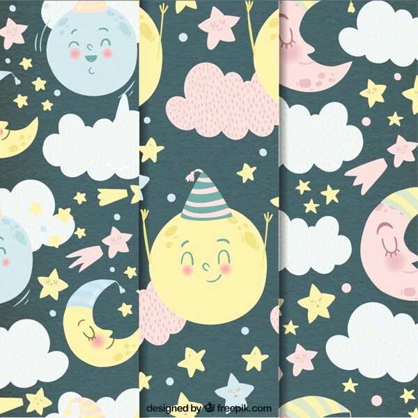 漂亮的月亮圖案與星星水彩云彩