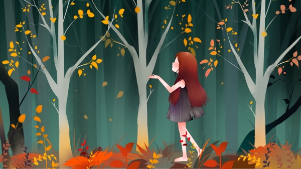秋渐凉树林里的女孩