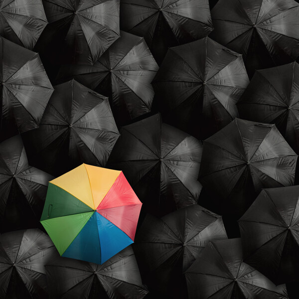 彩虹雨伞与黑色雨伞图片