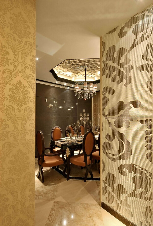 欧式奢华餐厅花纹壁纸客厅室内装修效果图