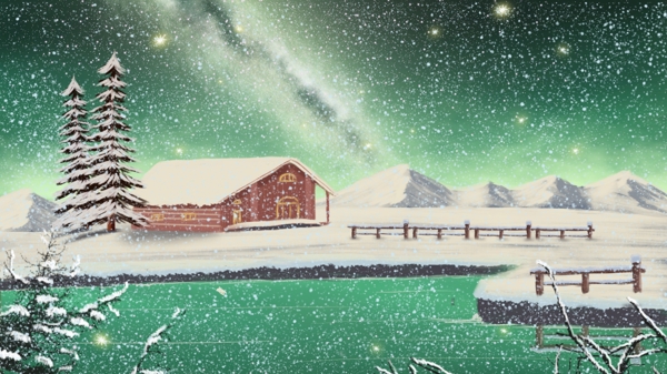手绘写实北极光的雪景唯美星空冬天晚安你好