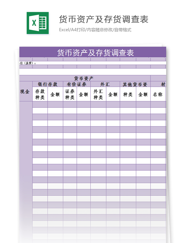 货币资产及存货调查表excel模板