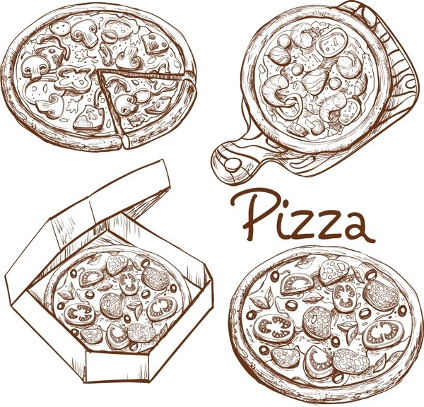 整套矢量插图整个比萨和切片比萨在木板上比萨饼在一个盒子里交货