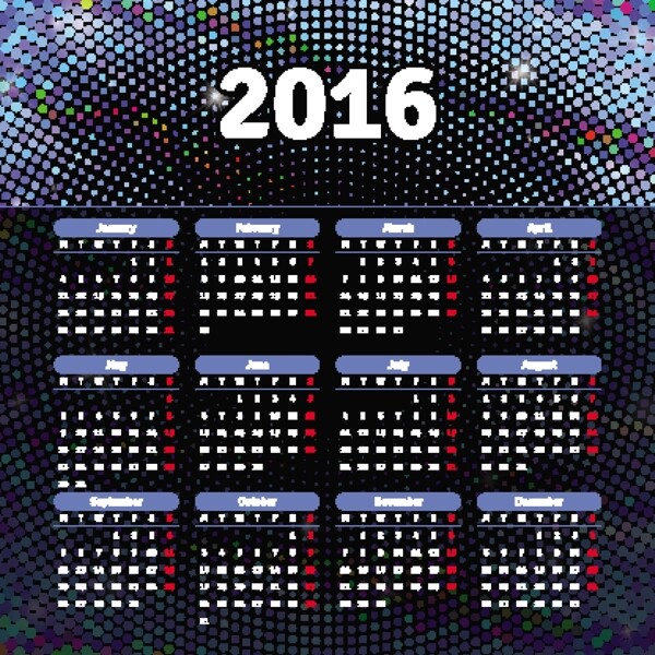 蓝色光点2016年日历表图片
