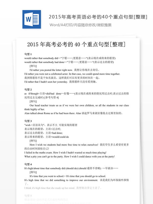 2015年高考英语必考的40个重点句型整理