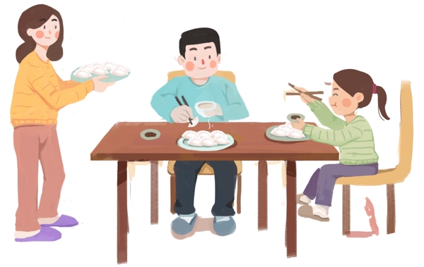 冬至卡通插画全家吃饺子