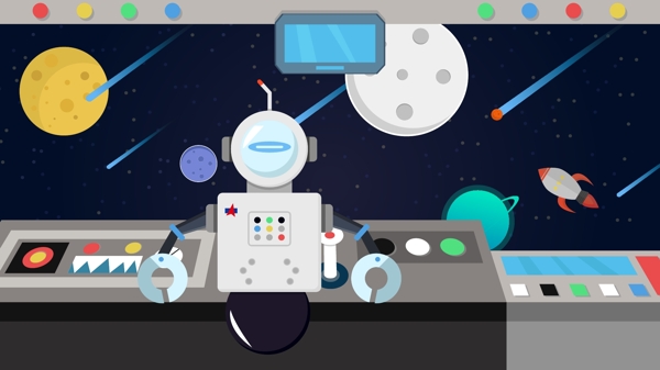 人工智能科技之机器人宇航员探险外太空场景插画