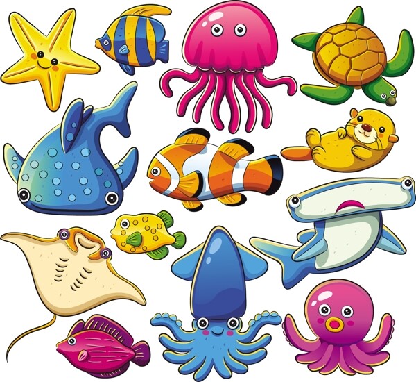 可爱的卡通的海洋动物矢量素材