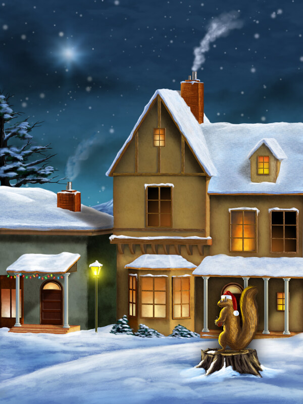 雪地上的房屋和松树雪景油画图片